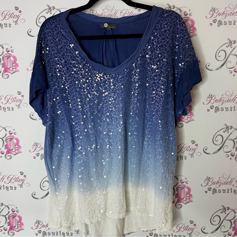 Tshirt made in Italy sequins sparkly shimmer ombre Blue and White Women's Top
